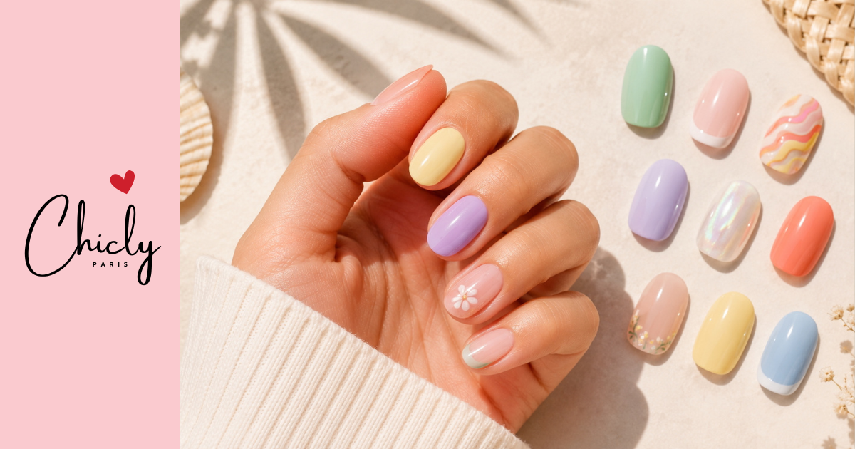 Manucure estivale avec ongles pastel, jaune beurre, lavande, corail et bleu ciel pour illustrer les tendances ongles été