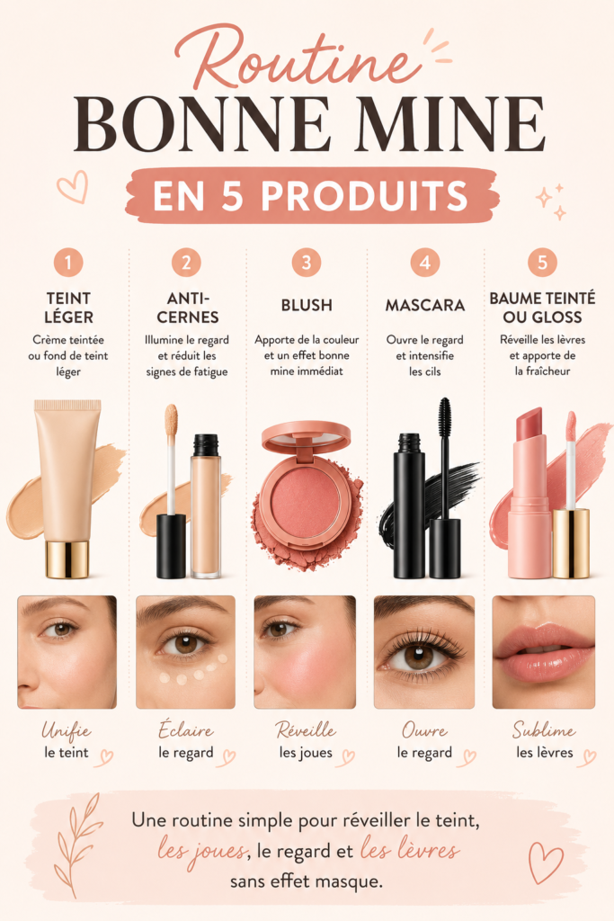 Routine maquillage bonne mine en 5 produits : teint léger, anti-cernes, blush, mascara et baume teinté.