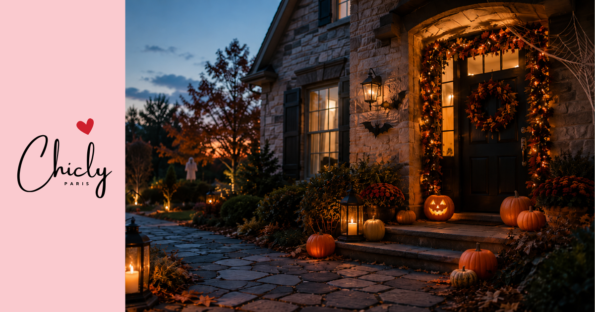 Façade de maison décorée pour Halloween au crépuscule, avec lumières orange, chauve-souris noire sur le mur et petit fantôme dans le jardin.